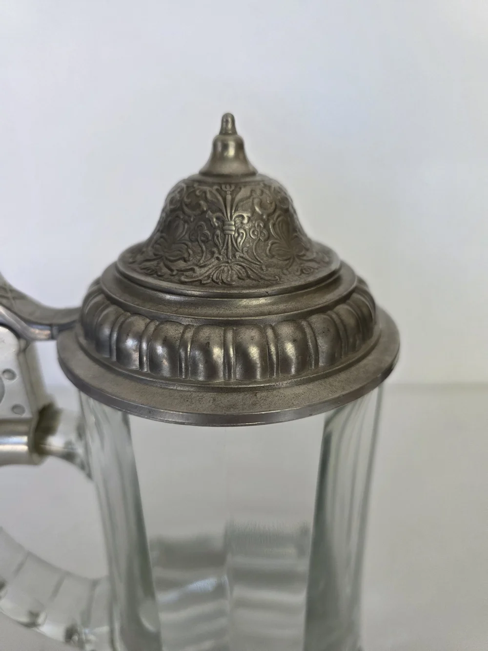 Vintage Clear Glass Beer Stein with Decorative Silver-Tone Hinged Lid